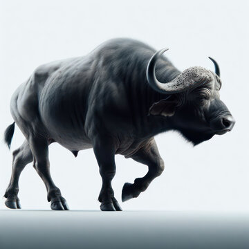 African buffalo, Cape buffalo, Syncerus caffer. Isolated on White. Bufalo del Cabo, bufalo cafre.