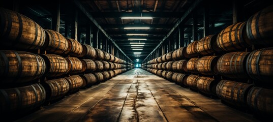 Wooden whiskey, bourbon, and scotch barrels aging in distillery warehouse facility - obrazy, fototapety, plakaty