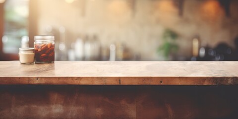 Vintage filtered blurred coffee shop interior background with stone table top - ideal for product display or montage. - obrazy, fototapety, plakaty