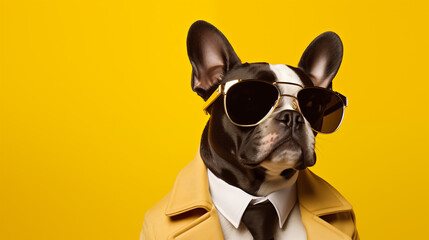Stylish Dog in Sunglasses and Yellow Blazer