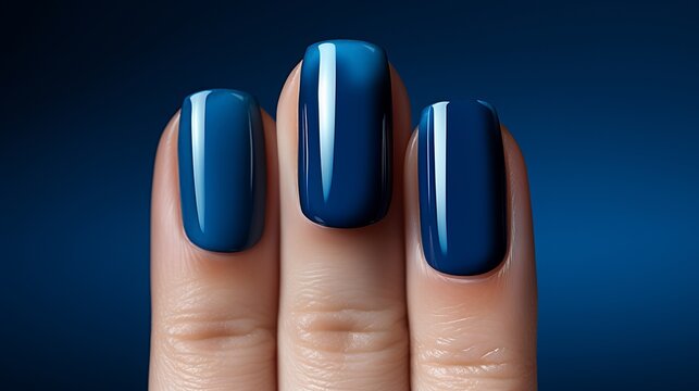 Navy blue gel manicure with elegant french nail art on a woman s hand at a luxury beauty salon.