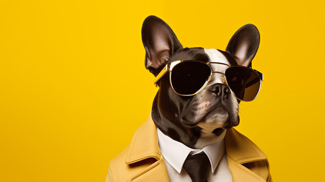 Stylish Dog in Sunglasses and Yellow Blazer