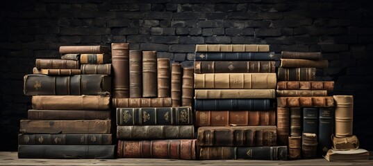 Historical library wall stacked with ancient books and manuscripts, holding centuries of knowledge.
