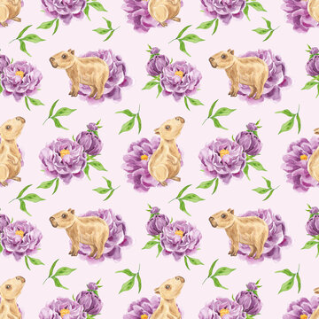 Capybara drawn watercolor seamless pattern. Watercolor capybaras. Nature. Oranges. Capybara print. Cute friendly animals. Home textiles. Background. Citrus fruits. Spring. Summer. Japan. China.Capybar