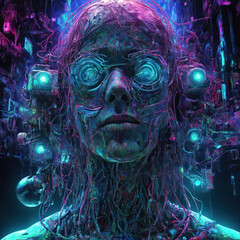 Psychedelic Mescaline Trip - 3D illustration of a vivid and distorted journey with apocalyptic cyberpunk elements and ethereal blue pulsating shades Gen AI - obrazy, fototapety, plakaty