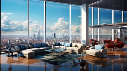 A sleek, glass-walled penthouse atop a skyscraper, offering breathtaking views of the cityscape below -Generative Ai - obrazy, fototapety, plakaty