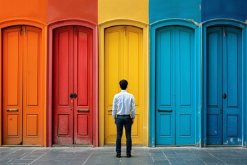 businessman in front of multiple doors of diverse colors as symbol for different opportunities.