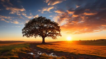 Sycamore Tree in Summer Field at Sunset , Generate AI