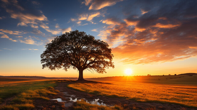 Sycamore Tree in Summer Field at Sunset , Generate AI © VinaAmeliaGRPHIC