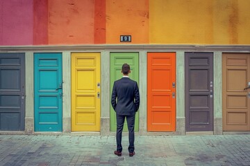 businessman in front of multiple doors of diverse colors as symbol for different opportunities.