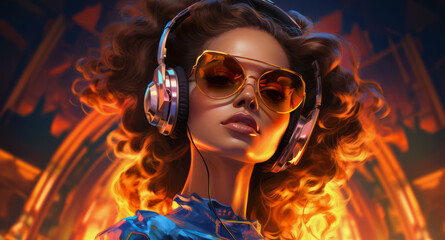 portrait of a girl in pearl holographic headphones and sunglasses