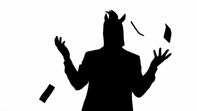 recommend clip art: Black silhouette of man in business suit with horse head mask on white isolated studio background. Businessman happily scatters banknotes. Concept of hard office work.