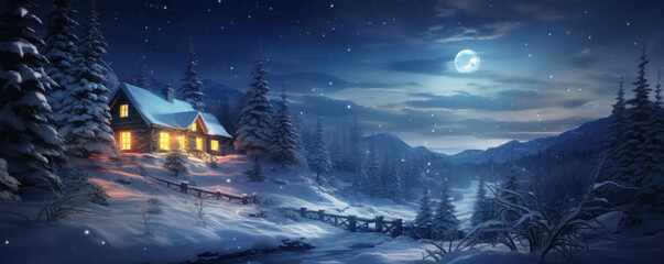 Winter landscape with house in woods at night, scenery of lone chalet, snow and moon. Panorama of cottage and trees in snowy forest. Theme of New Year holiday, magic, nature, xmas