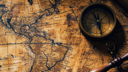 Vintage World map and old compass on wooden table, top view of paper and instrument. Background for journey theme. Concept of antique, history, discovery, retro, travel, treasure