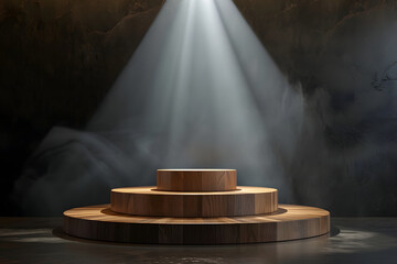 Holzpodium der Eleganz: Leeres Podium mit Holzstruktur für stilvolle Produktpräsentationen auf neutralem Hintergrund, beleuchtet von Spotlights für zusätzlichen Fokus und visuellen Reiz