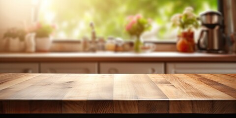Blurred kitchen background with a natural country cottage style, featuring a wooden counter on a table top. - obrazy, fototapety, plakaty