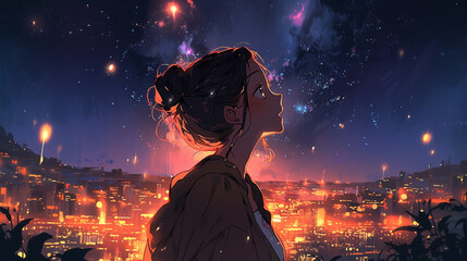 街の中で夜空を見上げる女性のイラスト