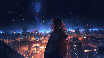 街の中で夜空を見上げる女性のイラスト