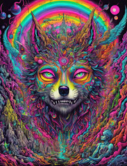 Psychedelic Trip - Close-up illustration of an angel, wolf, and demon in a mescaline-induced journey with vivid visual distortions Gen AI - obrazy, fototapety, plakaty