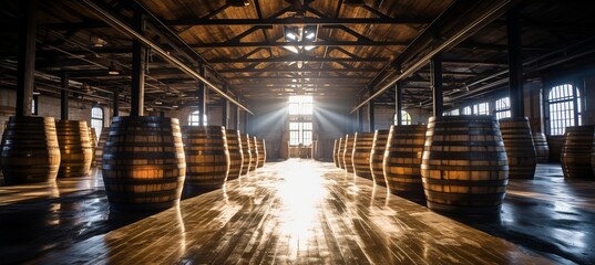 Rows of aged whiskey, bourbon, and scotch barrels in distillery warehouse facility