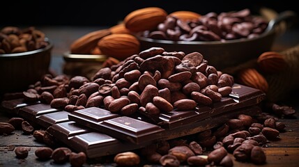 Dark chocolate pieces and cocoa beans on culinary background for desserts and food blogs - obrazy, fototapety, plakaty