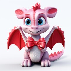 3d cute dragon with a bow on a white background. Valentine's Day concept