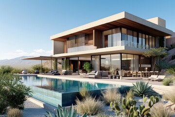 Fototapeta premium Spacious House With Pool in Front
