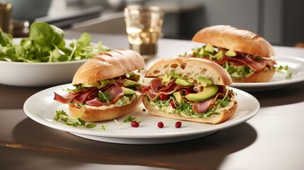 Delicious and nutritious sandwiches beautifully arranged on white plate on dining table