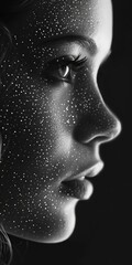 A profile of a woman made with dots, black and white. 
