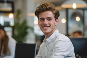 Obraz premium Young Man Working at Laptop Computer
