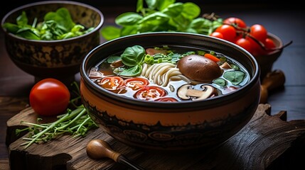 Delicious udon noodles with baby bok choy and shiitake mushrooms in asian vegetarian cuisine - obrazy, fototapety, plakaty