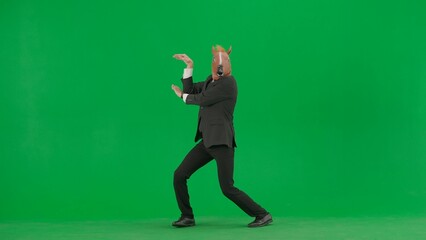 Fototapeta na wymiar A man in a business suit with a horse head mask on a green studio background. Businessman dancing merrily. Hard office work concept.