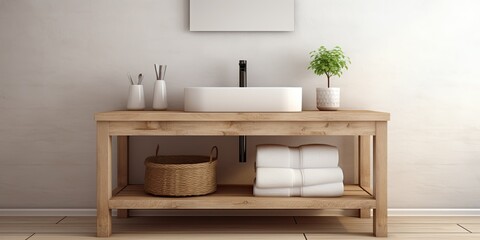 Wooden table in bathroom for displaying products