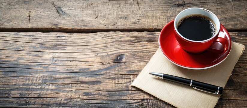 Coffee and pen on wooden table with space to write.