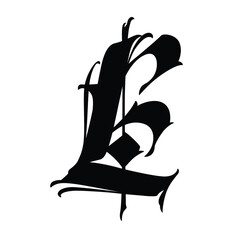 Letter L, in the Gothic style. Vector. Alphabet. Calligraphy and lettering. Medieval Latin letter. Logo for the company. Monogram. Elegant font for tattoo.