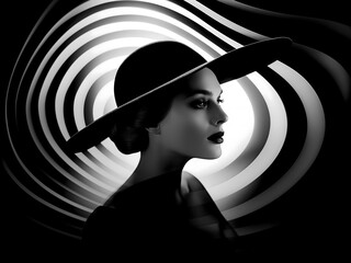 Elegant Lady in Hat with Swirl Background - Black and White