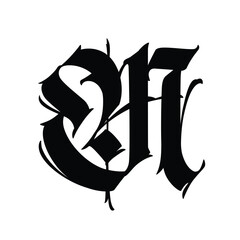 Letter M, in the Gothic style. Vector. Alphabet. Calligraphy and lettering. Medieval Latin letter. Logo for the company. Monogram. Elegant font for tattoo.