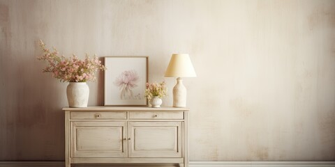Vintage interior decoration featuring an antique white wooden cabinet, standing lamp, flower vase,...