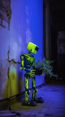 A sad robot in an alley holding a plant.