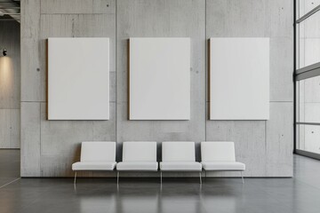 Contemporary gallery with trio of white canvas frames on textured concrete wall. Modern art concept. 3D Rendering