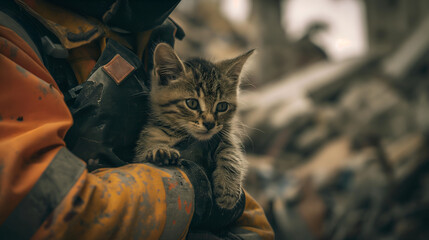 A rescue worker holds a cat the only survivor of a terrible earthquake, the scene is dark with collapsed buildings in the background.