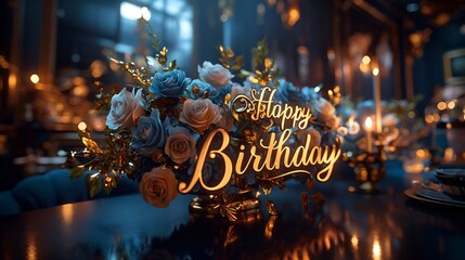 Luxurious Birthday Bouquet: A lavish room adorned with a stunning bouquet of flowers, featuring a radiant yellow text that reads "Happy Birthday.