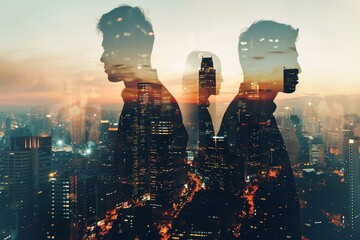 Creative city skyline with businesspeople silhouettes on light backdrop. Teamwork, partnership and success concept. Toned image. Double exposure - obrazy, fototapety, plakaty