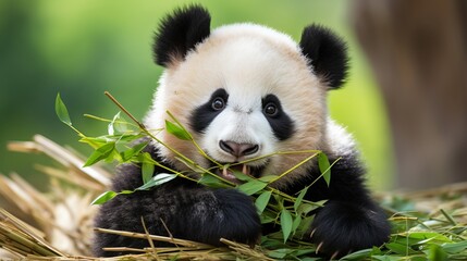 Giant panda bear peacefully chewing on fresh bamboo in lush green forest habitat