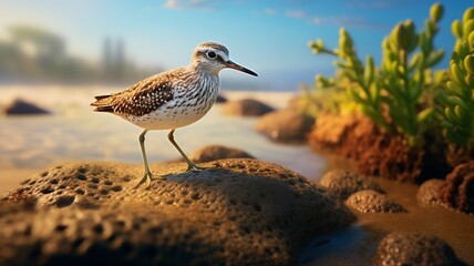 A solitary sandpiper delicately picking its way along the water's edge as waves retreat, leaving intricate patterns in the wet sand -Generative Ai - obrazy, fototapety, plakaty