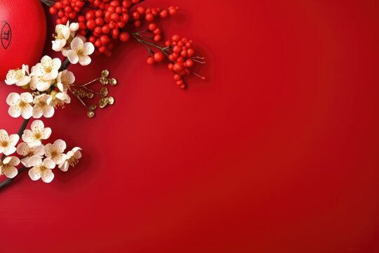 Chinese New Year decoration on a red background top view with flowers of good fortune with copy space - Powered by Adobe