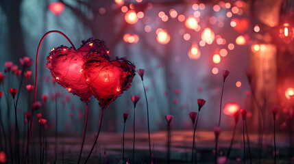 Amidst the dark night, two hearts illuminated by magenta lights on stems create a breathtaking display resembling fireworks, evoking feelings of love and wonder in an enchanting outdoor setting