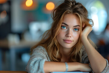Thoughtful female business professional with head in hand looking away while sitting at desk in office