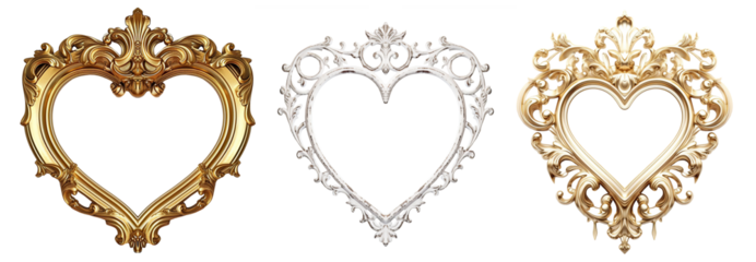 Vintage heart shaped frame, set of beautiful frames Isolated cutout on transparent background.