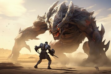 A digital illustration of a fighter battling a massive mech monster in a desert wasteland. Generative AI - obrazy, fototapety, plakaty